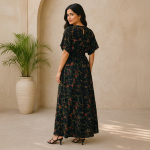 Floral Print Floor-Length Maxi <b>Dress</b> O-Neck Short Sleeve A-Line Loose Fit Boho Style Rayon Woven Eco-Friendly Breathable Casual - Product Image 2