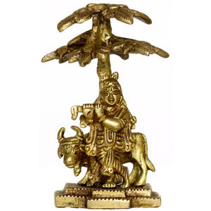 Petite statue en laiton de Venugopala sous un arbre Kadamba, sculpture artisanale, marque exotique d'Inde, modèle XN25, fabriqué en Inde - Product Image 1
