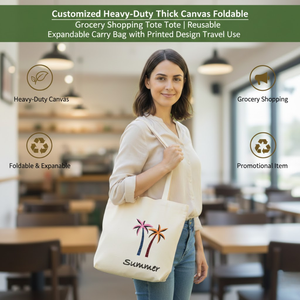 Customized Heavy-Duty Thick Canvas Foldable Grocery Shopping Tote | Reusable Expandable Carry Bag Natural Color Medium Size <b>Silk</b> - Product Image 4