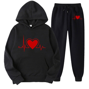 Sudadera con Capucha Roja con Estampado de Latido de Corazón, Conjunto de Pantalones Deportivos Negros, Chándal Informal Unisex de Manga Larga, Ropa de Otoño de Algodón - Product Image 2