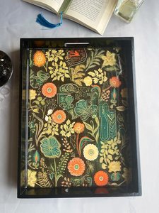 Rectangular Wood Serving Tray Handpainted Bohemian Plant Pattern Black Frame Decorative Tray for Home Use - Product Image 4