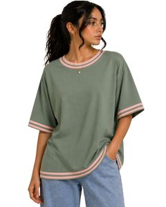 T-shirt surdimensionné pour femme, personnalisé par le fabricant, rayures vert sauge et rose, col rond, manches courtes, coupe ample, doux et respirant - Product Image 1