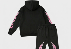 Conjunto de Sudadera con Capucha y Pantalones Largos Acampanados de Chándal para Mujer, Diseño Calavera y Llama, Negro y Rosa, Estilo Urbano, Transpirable, Poliéster, Otoño - Product Image 4