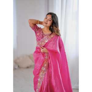 Sari Bordado de Diseñador con Lentejuelas para Ropa India y Pakistaní - Product Image 2