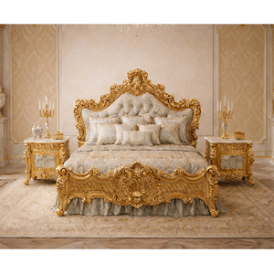 Arabic Persian Style Golden Leaf Carved Bed Set Premium Teak Wood Victorian Style Bedroom Furniture With Side <b>Stools</b> Australia - Product Image 1