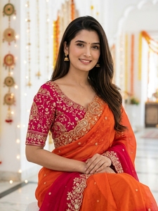 AARA Fashion Traditional Indian Silk <b>Saree</b> Women <b>Red</b> Orange Wedding Wear Floor-Length Regular Fit Stretchable Sun Protection All - Product Image 4