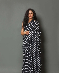 Sari Tradicional KV con Estampado de Polka para Mujer, de Algodón Puro, Reversible, para Bodas y Fiestas Otoñales en India (Negro), Sin Arrugas, de Secado Rápido - Product Image 5