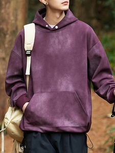 Sweat-shirt à capuche surdimensionné pour homme, couleur unie violet, en coton French Terry, décontracté, pour l'automne, avec poche, coupe classique - Product Image 3