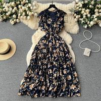 Robe longue décontractée et élégante pour femme, style vintage français, sans manches, à col, imprimé floral, idéale pour l'été, les fêtes et la plage