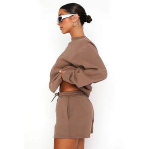 Ensemble sweat-shirt à col ras du cou pour femmes, couleur unie, avec short à cordon de serrage, manches longues, coupe ample, Style décontracté, vêtements d'été - Product Image 2