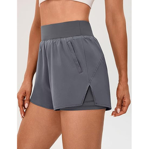 Shorts Deportivos 2 en 1 de Cintura Alta Color Gris Oscuro para Mujer, Shorts de Entrenamiento de Poliéster de Doble Capa con Bolsillos Laterales para Teléfono - Product Image 2