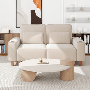 Divano Moderno e Accogliente a 2 Posti in Ciniglia con Seduta Profonda, Portabicchieri in Acciaio Inox Spazzolato e 2 Cuscini Decorativi per Soggiorno - Product Image 2