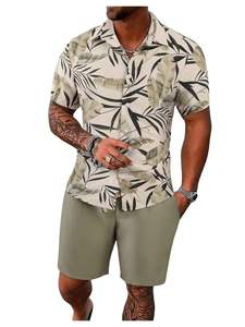 Conjunto de dos piezas con estampado de hojas tropicales para hombre, camisa de manga corta con botones y pantalones cortos con cintura elástica, conjunto ligero de playa para verano - Product Image 3