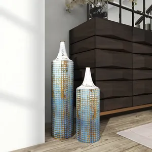 Handmade Iron Tabletop <b>Vase</b> Coastal Style Blue Gold <b>Mosaic</b> Design Tall Eco-Friendly Decorative <b>Vase</b> for Home Interior - Product Image 1