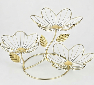 Golden Wire Flower Shape Fruit <b>Basket</b> with Three Bowls for Kitchen Storage and <b>Display</b> - Product Image 2