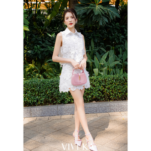 VIATKA Robe midi blanche en laine peignée pour femme, manches courtes, boutonnée, taille haute, coupe trapèze, col rabattu, anti-plis, décontractée VKSE0431 - Product Image 5