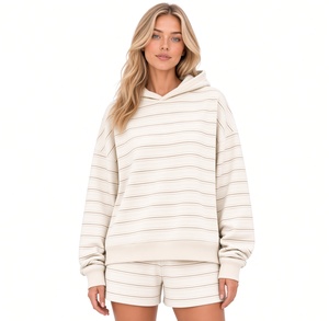 Ensemble short et sweat à capuche rayé pour femme, coupe ample, décontracté, tenue printemps-été, 100% coton tricoté, ensemble deux pièces assorti - Product Image 2