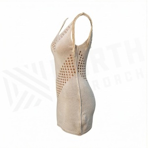 Women Knitted Hollow Out V Neck Tank Top Solid Color Stretchy Fit Regular Style Beige - Product Image 3