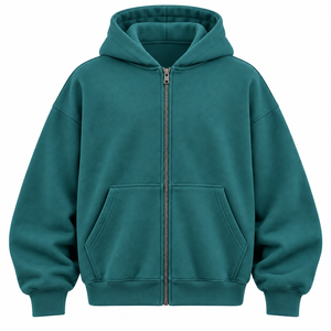 เสื้อฮู้ดซิปโอเวอร์ไซส์ผู้ชาย สีเขียวน้ำทะเล ผ้าฟลีซ 100% คอตตอน ดีไซน์กระเป๋าแบบลำลอง ทรงปกติ ใส่ได้ในฤดูใบไม้ร่วง - Product Image 1