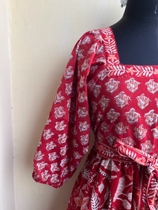 เดรสผ้าฝ้ายคอเหลี่ยมพิมพ์ลายบล็อกมือแบบมิดิเดรส คอเหลี่ยม เดรสลายดอกไม้ เดรสยาวแม็กซี่สำหรับผู้หญิง - Product Image 4