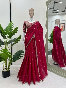 Sari de créateur haut de gamme pour femme, idéal pour les mariages, réceptions, fêtes, célébrations, tenue ethnique traditionnelle, style élégant et tendance - Product Image 2