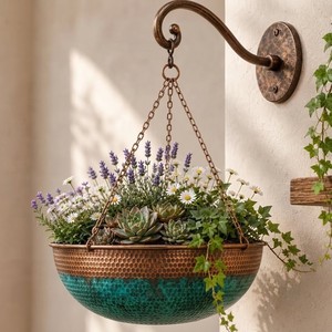 Moradaband Art Metal Ware – Pots de fleurs suspendus en fer durable, émaillés bleu sarcelle, minimalistes, circulaires, bicolores, pour l'extérieur - Product Image 2