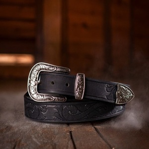 Black Finish Hand Carved Floral Embossed Men's Fashion <b>Western</b> Leather Tooling <b>Belt</b> with Engraving Buckle Keeper and Loop End - Product Image 1