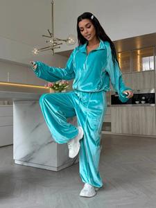 Women's <b>Velvet</b> <b>Tracksuit</b> Set Turquoise Full Sleeve Zip-Up Top Wide Leg Pants Loose Fit All Seasons Solid Color Casual Sportswear - Product Image 6