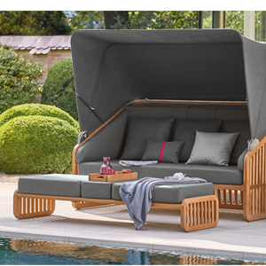 Conjunto de Sofá de Madera de Teca para Exteriores con Toldo, Cojines Grises, Muebles de Jardín Contemporáneos, Diseño Impermeable - Product Image 2