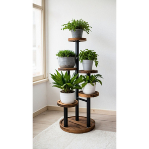 Modern 3 Tier Wood and Metal Plant Stand <b>Flower</b> Pot Holder for Indoor Living Room and Balcony Decor Round Base <b>Display</b> Rack - Product Image 5