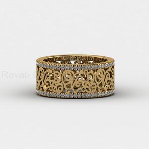 Victorian Inspired 14k Gold <b>925</b> <b>Silver</b> 9mm Wide Floral Filigree Cigar Pattern Stacking Band <b>Ring</b> With CZ Fine Jewelry For Her - Product Image 4