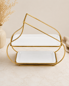 Plateau décoratif rectangulaire à deux niveaux en or plaqué, design minimaliste, poignée incluse - Product Image 2