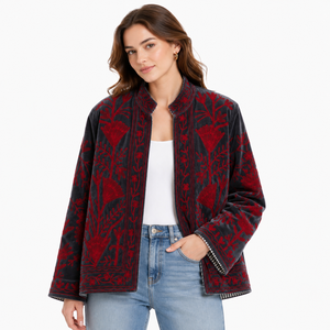 Women Velvet Embroidered <b>Jacket</b> Mandarin Collar Lantern Sleeve Floral Boho Style Autumn Coat Handmade Suzani <b>Pattern</b> - Product Image 1
