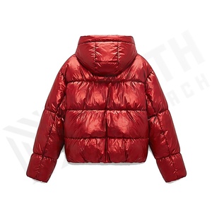 เสื้อแจ็คเก็ตมีฮู้ดแบบมีซิป สีแดง แขนยาว กันลมหนา สำหรับฤดูหนาว แขนพอง สีพื้น ซิปปิด ความยาวสั้น เสื้อโค้ทผู้หญิง - Product Image 2
