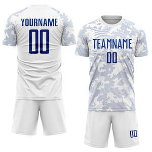 Conjunto de Uniforme de Fútbol Personalizado Blanco con Patrón de Ondas Azul Marino, Jersey de Fútbol Sublimado Ligero Unisex para Partido de Equipo, 100% Poliéster - Product Image 1