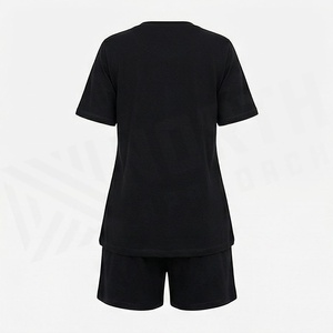 Conjunto Casual de 2 Piezas para Mujer, Tejido en Algodón, Camiseta de Manga Corta con Bolsillo y Pantalones Cortos por Encima de la Rodilla, Color Negro Sólido, Corte Holgado, Primavera, Talla S - Product Image 2