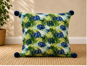 Luxury 100% Linen Tropical Leaf Printed Cushion <b>Cover</b> Decorative Square <b>Throw</b> Pillow <b>Cover</b> with Pom Pom Corners - Product Image 5