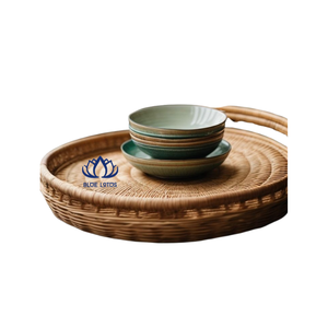 BLUE LOTUS Eco-friendly Handcrafted Durable Rattan Serving Tray Floral Pattern Rustic Wicker Basket for Home Kitchen Organizer - Product Image 1