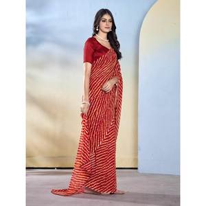 SIGNER CHIFFON GEORGETTE IMPRIMÉ EN FEUILLE TRAVAIL SAREE AVEC CHEMISIER NON COUDU ROUGE - Product Image 1