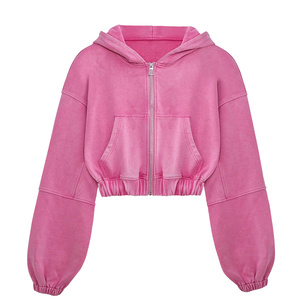 Sudaderas con capucha recortadas con cremallera de lana de algodón lavado, conjunto de chándales con paneles de mangas holgadas de gran tamaño para mujer - Product Image 1