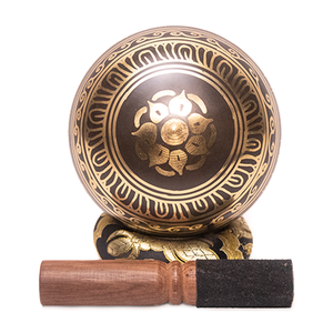 9.5cm Traditional Brass Tibetan Singing Bowl Set with Carved Lotus Motif & Leather Striker <b>Wooden</b> <b>Mallet</b> for Meditation Sound - Product Image 1