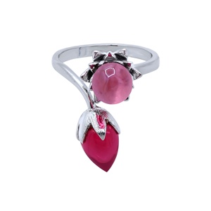 Anillo Floral de Dos Piedras de Plata de Ley 925 con Cuarzo Rosa y Hidro Rubí, Joyería Memoria, Venta al Por Mayor - Product Image 1
