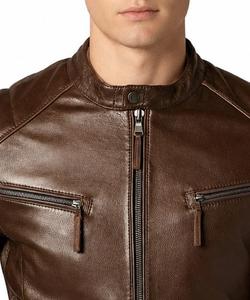 Unisex <b>Brown</b> Genuine <b>Leather</b> Waterproof High Street Moto <b>Jacket</b> Stand Collar Zipper Closure Slim Fit Autumn Style Solid Color - Product Image 5