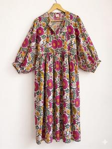 Women Vintage Boho A-Line Midi Dress 100% Cotton Floral Print Puff-Printed <b>Three</b>-Quarter Sleeve V-Neck Regular Fit Summer Casual - Product Image 4