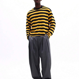 Pull tricoté rayé à manches longues pour homme, col rond, motif jaune et noir, coupe ample, style décontracté, T-shirt rayé pour homme – Grande Vente - Product Image 1