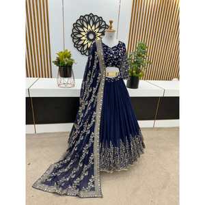 ผ้าจอร์เจียแบบแฟนซีเย็บปักถักร้อยลำดับ lehenga choli กับสีฟ้า dupatta - Product Image 3