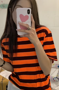 Women <b>Red</b> White Striped Short Sleeve ONeck <b>TShirt</b> Loose Fit Casual Top Spring Summer 100% Cotton Knitted Breathable Daily Wear - Product Image 5