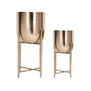 Ensemble de 2 supports à plantes modernes en métal doré avec pots de fleurs ronds en métal, supports de pots de fleurs hauts pour l'intérieur et l'extérieur, pour le salon - Product Image 2