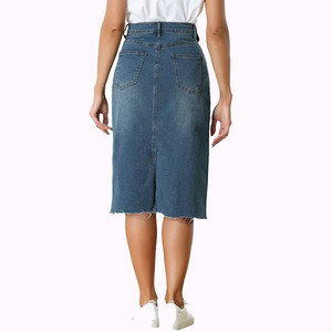 Jupe crayon en jean pour femme, longueur genou, couleur unie, style décontracté avec poches, taille normale, tissu tissé extensible en coton pour l'été - Product Image 4