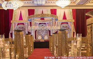 Indian Wedding Hall Mandap <b>Decoration</b> Setup Golden Wedding Mandap in Traditional Theme Exquisite Golden Carved Mandap Chicago UK - Product Image 3